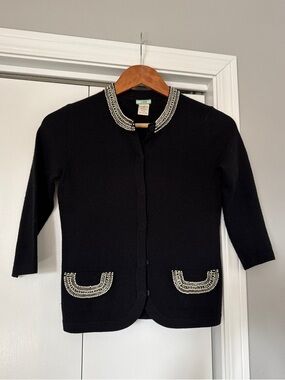 J.CREW 100% Cashmere Pearl Embellished Cardigan XS Black Beaded Chanel Style